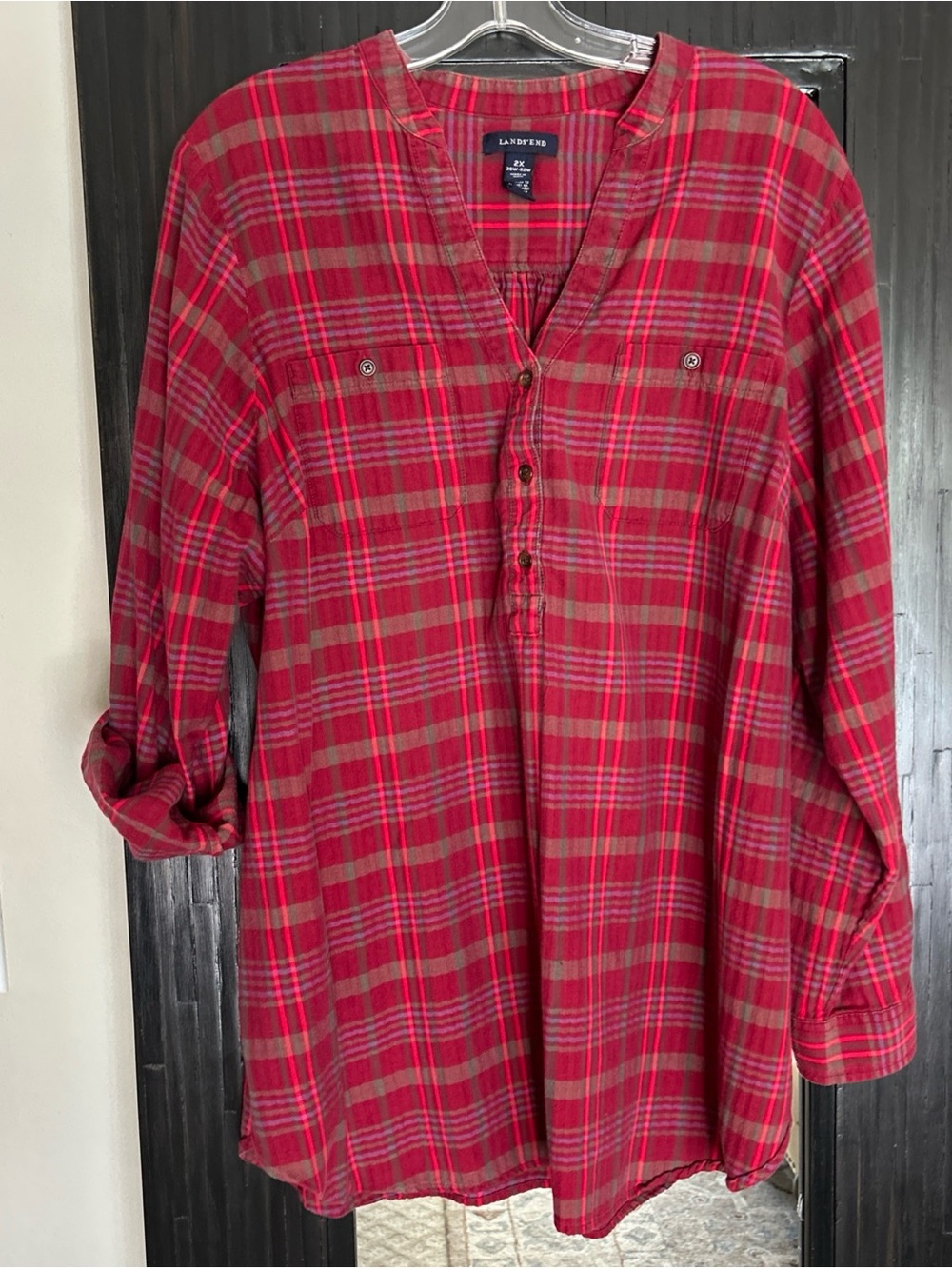 Lands End Tunic Top Women's 2X Red Plaid Flannel Cozy Winter Wardrobe Casual